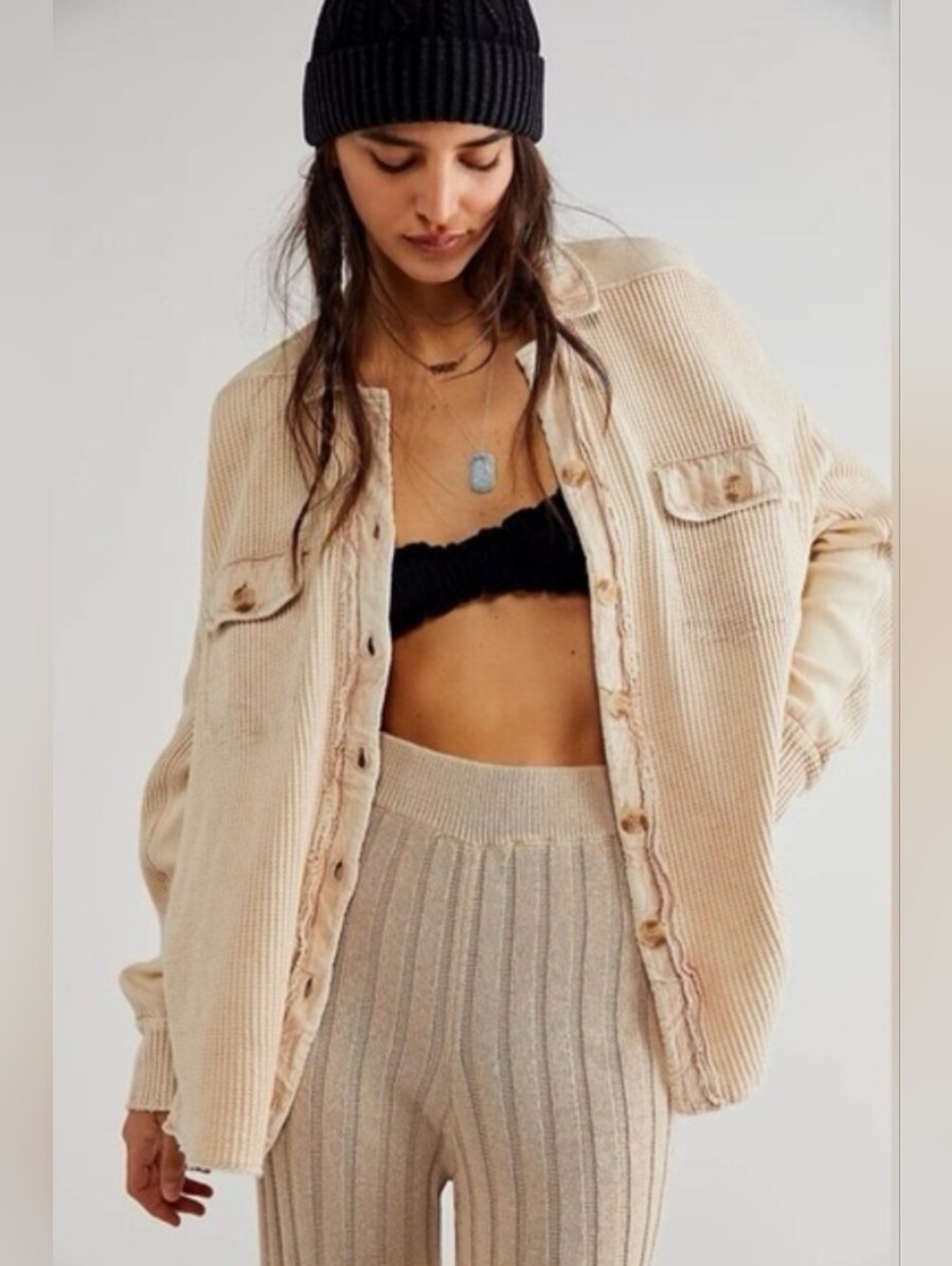 Free People One Scout Shacket Beige Waffle Knit Ruffle Button Front Jacket L